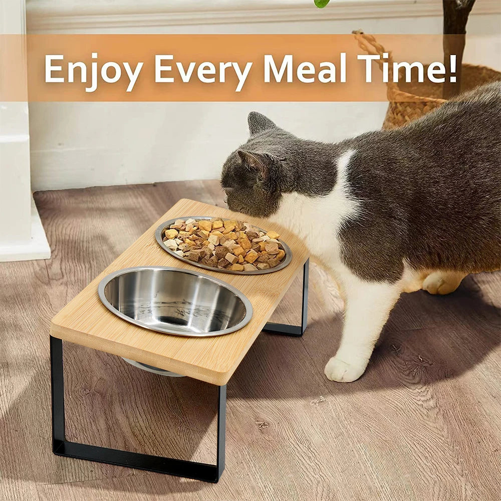 15° Tilted Raised Cat Bowls – 2 Stainless Steel Bowls with Stand